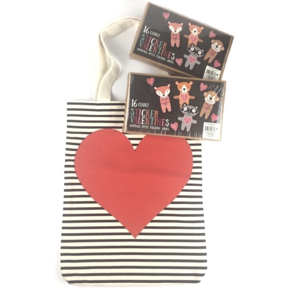 VALENTINES Canvas Tote Bag Heart Stripe Sticker Animal Card Kit Classroom Party